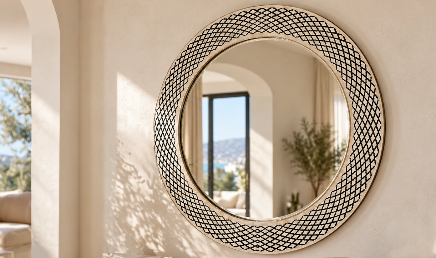 Arched leaning mirror beside an olive tree and sheer curtains